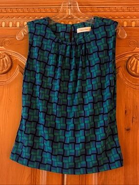 Calvin Klein Blue and Green Geometric Women's Shell Petite Small